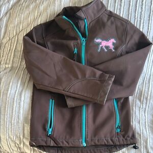 Cowgirl Hardware Brown Jacket w Pink Turquoise Horse Embroidery Bling Sz L Girl